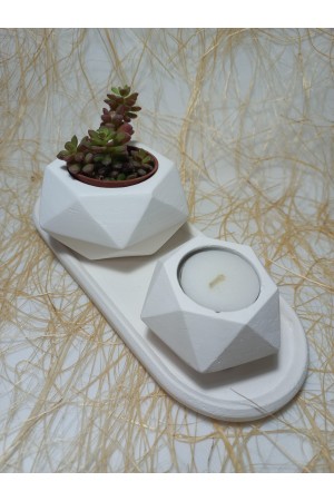 Altıgen Desenli Tabaklı Sukulent Saksı ve Mumluk Çiçeklik Set Beyaz