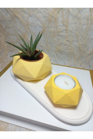 Altıgen Desenli Tabaklı Sukulent Saksı ve Mumluk Çiçeklik Set Sarı