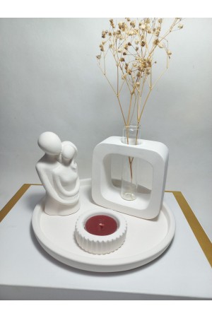 Kare Formlu Cam Tüplü Sarılan Sevgili Dekoratif Mumluk Set Beyaz