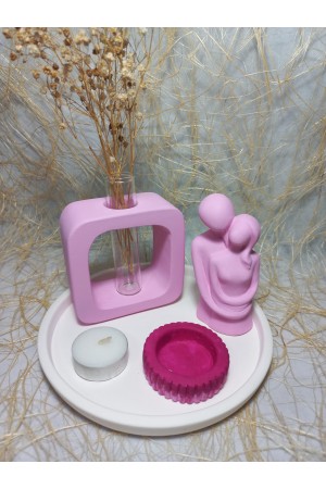 Kare Formlu Cam Tüplü Sarılan Sevgili Dekoratif Mumluk Set Pembe