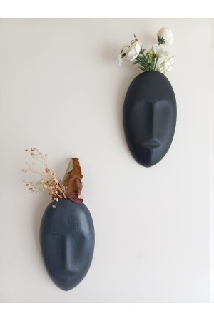 Dekoratif 2'li Yüz Duvar Vazosu, Duvar Süsü ,Heykel Aksesuar Siyah Antrasit