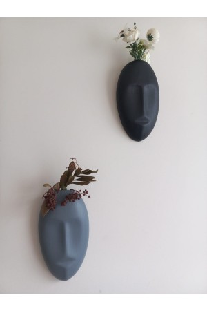 Dekoratif 2'li Yüz Duvar Vazosu, Duvar Süsü ,Heykel Aksesuar Siyah Gri