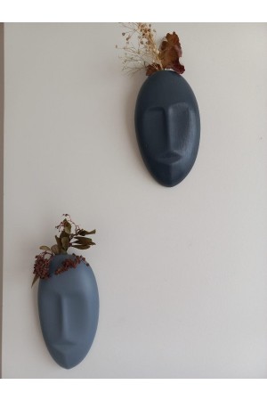 Dekoratif 2'li Yüz Duvar Vazosu, Duvar Süsü ,Heykel Aksesuar Antrasit Gri