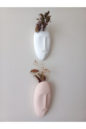 Dekoratif 2'li Yüz Duvar Vazosu, Duvar Süsü ,Heykel Aksesuar Beyaz Bej