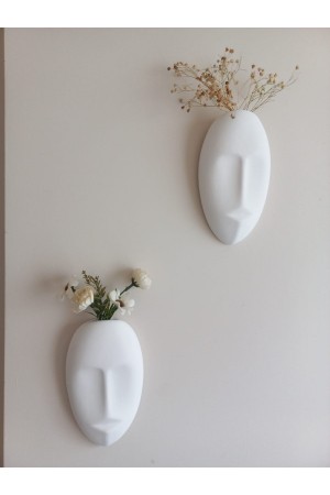 Dekoratif 2'li Yüz Duvar Vazosu, Duvar Süsü ,Heykel Aksesuar Beyaz