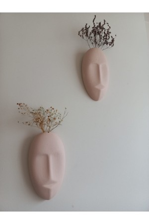 Dekoratif 2'li Yüz Duvar Vazosu, Duvar Süsü ,Heykel Aksesuar Bej