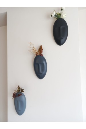 Dekoratif 3'li Mask Duvar Vazosu, Duvar Süsü ,Heykel Aksesuar Siyah Antrasit Gri