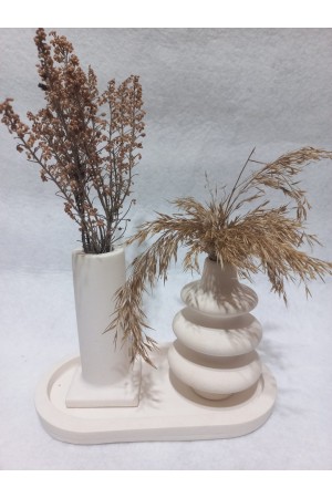 Dekoratif  3 Parça Tabaklı Vazo Set Beyaz