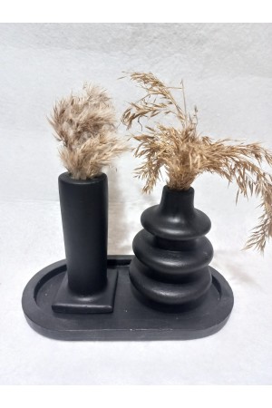 Dekoratif  3 Parça Tabaklı Vazo Set Siyah