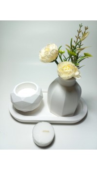 Geometrik Mumluk ve Vazo Dekoratif Tabaklı Set Beyaz Geometrik Mumluk ve Vazo Dekoratif Tabaklı Set Beyaz