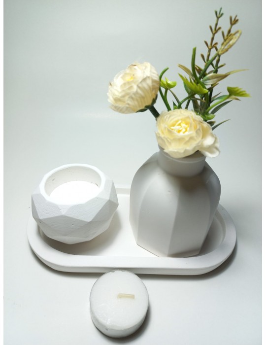 Geometrik Mumluk ve Vazo Dekoratif Tabaklı Set Beyaz Geometrik Mumluk ve Vazo Dekoratif Tabaklı Set Beyaz
