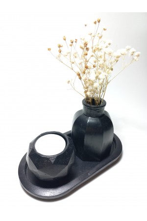 Geometrik Mumluk ve Vazo Dekoratif Tabaklı Set Siyah