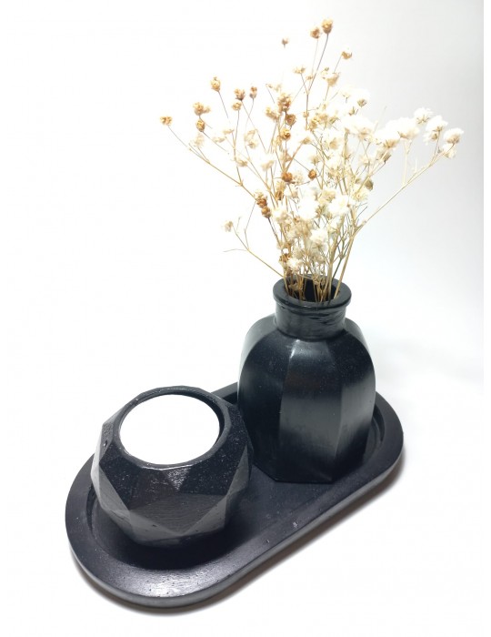 Geometrik Mumluk ve Vazo Dekoratif Tabaklı Set Siyah Geometrik Mumluk ve Vazo Dekoratif Tabaklı Set Siyah