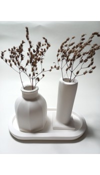 Tabaklı Dekoratif İkili Vazo Set Beyaz