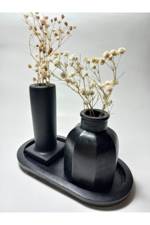 Tabaklı Dekoratif İkili Vazo Set Siyah