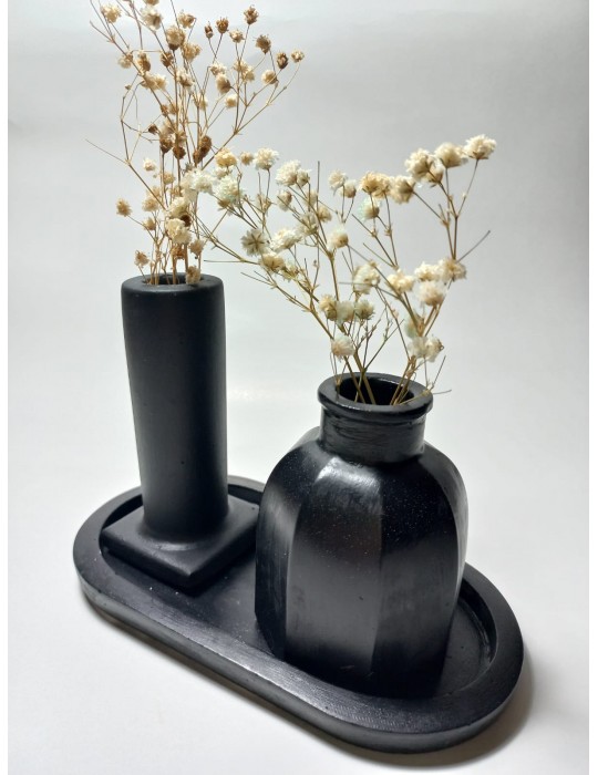 Tabaklı Dekoratif İkili Vazo Set Siyah Tabaklı Dekoratif İkili Vazo Set Siyah