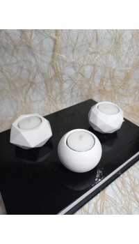 Geometrit Desenli Beyaz 3'lü Mumluk Set, Dekoratif Masa Sehpa Üstü Aksesuar Geometrit Desenli Beyaz 3'lü Mumluk Set, Dekoratif Masa Sehpa Üstü Aksesuar