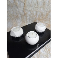 Geometrit Desenli Beyaz 3'lü Mumluk Set, Dekoratif Masa Sehpa Üstü Aksesuar