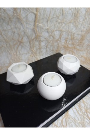 Geometrit Desenli Beyaz 3'lü Mumluk Set, Dekoratif Masa Sehpa Üstü Aksesuar Geometrit Desenli Beyaz 3'lü Mumluk Set, Dekoratif Masa Sehpa Üstü Aksesuar