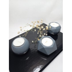 Geometrit Desenli Gri Renk 3'lü Mumluk Set, Dekoratif Masa Sehpa Üstü Aksesuar