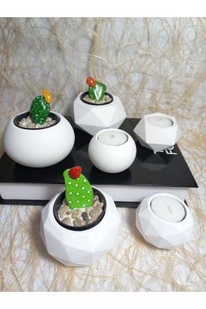 6 Parça Beyaz Ev ve Ofis Aksesuarı Sukulent/Kaktüs Saksı, Mumluk Set Dekoratif Obje