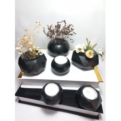 6 Parça Siyah Ev ve Ofis Aksesuarı Sukulent/Kaktüs Saksı, Mumluk Set Dekoratif Obje